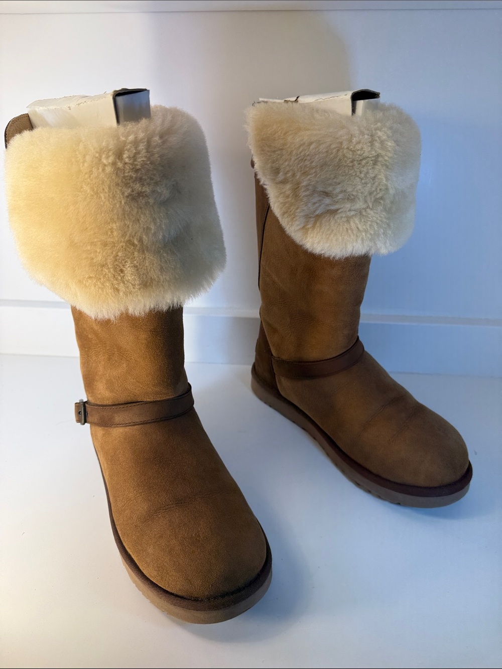 UGG Ciera Chestnut Tall Convertible Bucket Boots with Shearling Trim - Size 9